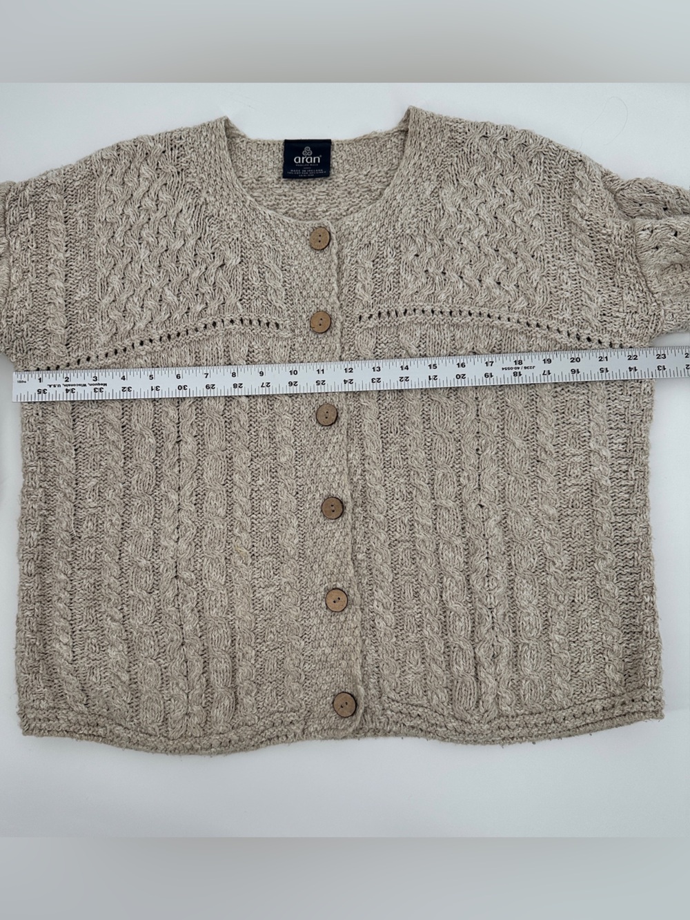 Aran Woollen Mills Irish Linen Wool Blend Cable Knit Cardigan Sweater Oatmeal - Picture 10 of 10